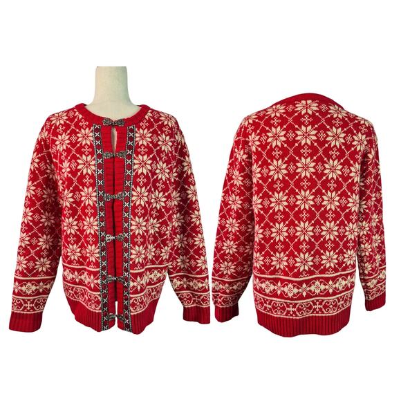 Casual Corner Red White Black Fair Isle Nordic Lined Vintage Lambswool Sweater L - Picture 2 of 6